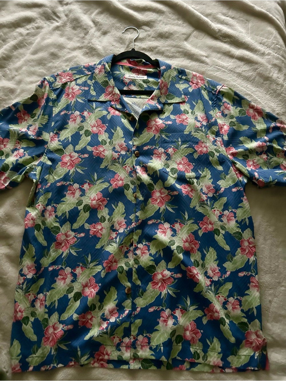 Tommy Bahama Blue Floral Camp Shirt with Pink Blooms